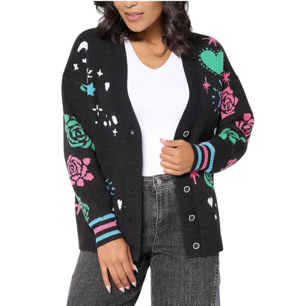 Mally Roncal Women's Happy Love Jacquard Cardigan Sweater Black - Regular